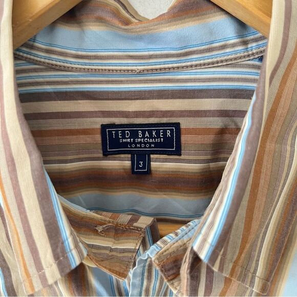 Ted Baker Brown Blue Stripe Short Sleeve 100% Cotton Dress Shirt - Picture 3 of 8